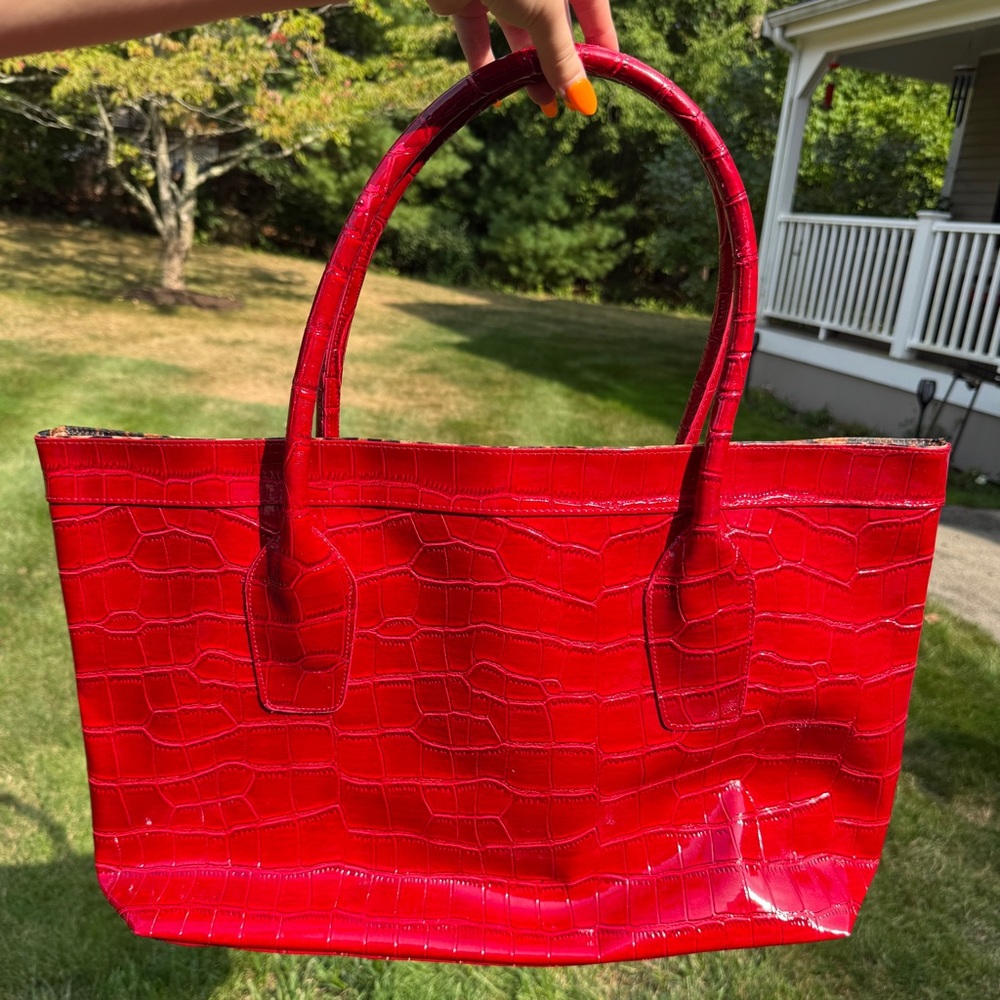 Red Crocodile-Embossed Tote Bag